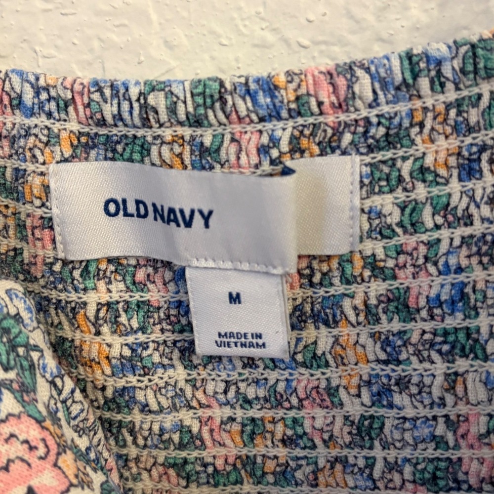 Old Navy Ditsy Floral Mini Dress M Linen Blend Cottagecore Smocked Fit & Flare - Picture 5 of 11